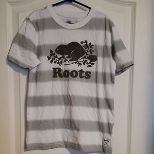 Roots Kids White and Green Striped Tee